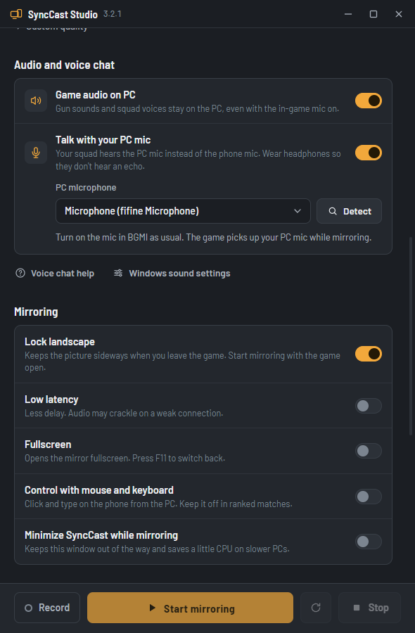 SyncCast Studio 3.2.1 audio settings: game audio on the PC and a PC microphone for the squad